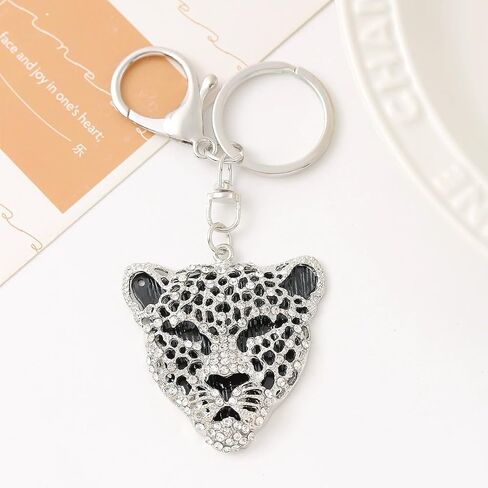 Silver Leopard Bag Pendant, Silver Rhinestone Keychain Leopard Charm, Cute Cheetah Head Purse Key Ring Chain Adornment for Wallets Handbags Keyrings, Keychains and Charms (5.1×5cm) in Saudi Arabia