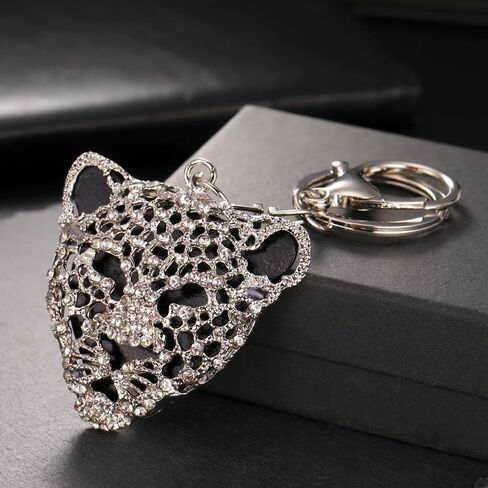 Silver Leopard Bag Pendant, Silver Rhinestone Keychain Leopard Charm, Cute Cheetah Head Purse Key Ring Chain Adornment for Wallets Handbags Keyrings, Keychains and Charms (5.1×5cm) in Saudi Arabia