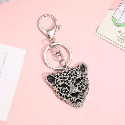 Silver Leopard Bag Pendant, Silver Rhinestone Keychain Leopard Charm, Cute Cheetah Head Purse Key Ring Chain Adornment for Wallets Handbags Keyrings, Keychains and Charms (5.1×5cm) in Saudi Arabia