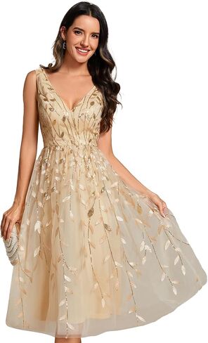 Ever-Pretty Women's A Line V Neck Open Back Sleeveless Ruched Sequin Knee Length Formal Dress 02106 in Saudi Arabia