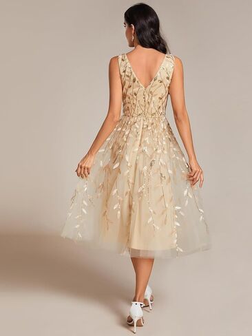 Ever-Pretty Women's A Line V Neck Open Back Sleeveless Ruched Sequin Knee Length Formal Dress 02106 in Saudi Arabia