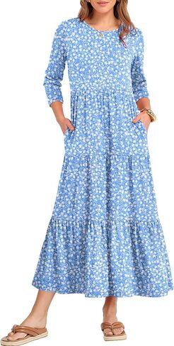 Prinbara Women's 3/4 Sleeve Discal Maxi Floral Vresses 2025 Fall Crewneck A-Line Tiery Summy Boho T Shirt Long Dress in Kuwait