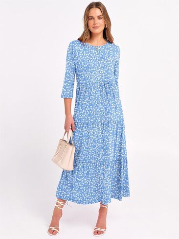 Prinbara Women's 3/4 Sleeve Discal Maxi Floral Vresses 2025 Fall Crewneck A-Line Tiery Summy Boho T Shirt Long Dress in Kuwait