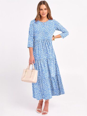 Prinbara Women's 3/4 Sleeve Discal Maxi Floral Vresses 2025 Fall Crewneck A-Line Tiery Summy Boho T Shirt Long Dress in Kuwait