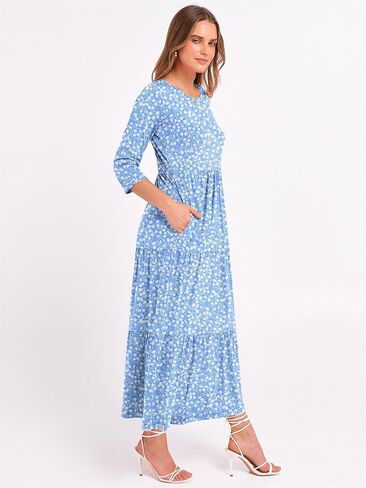 Prinbara Women's 3/4 Sleeve Discal Maxi Floral Vresses 2025 Fall Crewneck A-Line Tiery Summy Boho T Shirt Long Dress in Kuwait