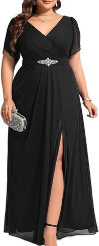 زائد زائد زائد للسيدات الشيفون V-neck القصيرة الشائكة شق الراين الخصر Maxi A-Line بالإضافة إلى فساتين سهرة رسمية الحجم in Kuwait