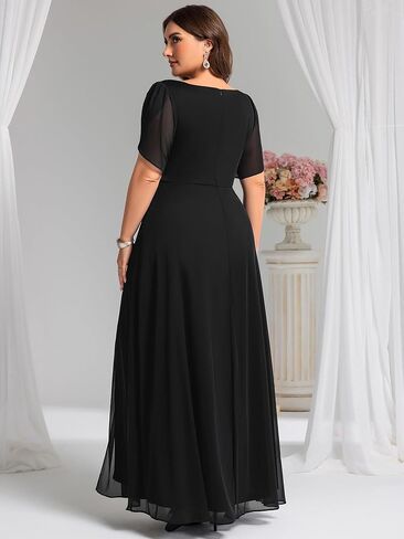 زائد زائد زائد للسيدات الشيفون V-neck القصيرة الشائكة شق الراين الخصر Maxi A-Line بالإضافة إلى فساتين سهرة رسمية الحجم in Kuwait