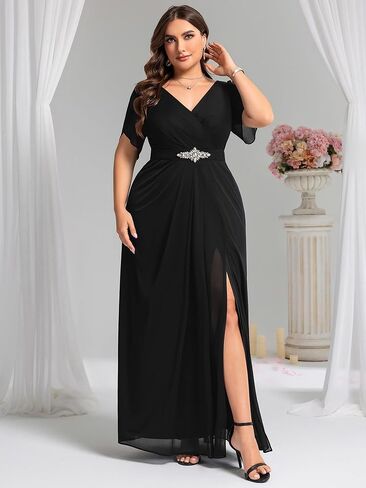 زائد زائد زائد للسيدات الشيفون V-neck القصيرة الشائكة شق الراين الخصر Maxi A-Line بالإضافة إلى فساتين سهرة رسمية الحجم in Kuwait