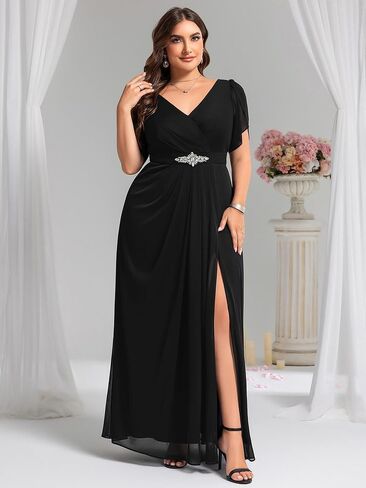 زائد زائد زائد للسيدات الشيفون V-neck القصيرة الشائكة شق الراين الخصر Maxi A-Line بالإضافة إلى فساتين سهرة رسمية الحجم in Kuwait