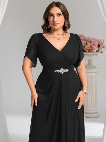 زائد زائد زائد للسيدات الشيفون V-neck القصيرة الشائكة شق الراين الخصر Maxi A-Line بالإضافة إلى فساتين سهرة رسمية الحجم in Kuwait