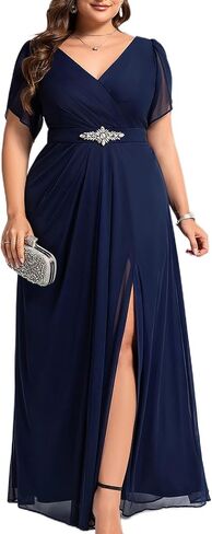 زائد زائد زائد للسيدات الشيفون V-neck القصيرة الشائكة شق الراين الخصر Maxi A-Line بالإضافة إلى فساتين سهرة رسمية الحجم in Kuwait