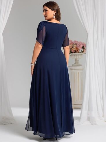 زائد زائد زائد للسيدات الشيفون V-neck القصيرة الشائكة شق الراين الخصر Maxi A-Line بالإضافة إلى فساتين سهرة رسمية الحجم in Kuwait