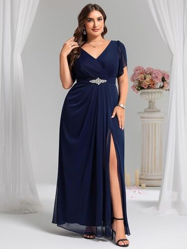 زائد زائد زائد للسيدات الشيفون V-neck القصيرة الشائكة شق الراين الخصر Maxi A-Line بالإضافة إلى فساتين سهرة رسمية الحجم in Kuwait