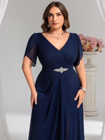 زائد زائد زائد للسيدات الشيفون V-neck القصيرة الشائكة شق الراين الخصر Maxi A-Line بالإضافة إلى فساتين سهرة رسمية الحجم in Kuwait