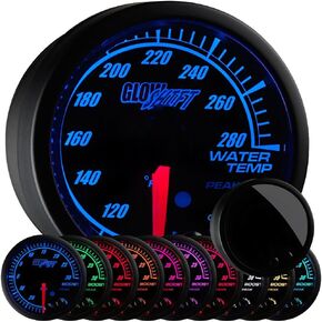 GlowShift Elite 10 Color 280 F Water Coolant Temperature Gauge Kit - Includes Electronic Sensor - Black Dial - Tinted Lens - Peak Recall Function - for Car & Truck - 2-1/16" 52mm in Kuwait