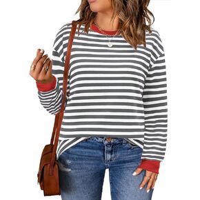 Womens-Plus-Size-Sweatshirts Trendy Striped Color Block Tops Casual Long Sleeve Shirts Cute Oversized Crewneck Tunics in Kuwait