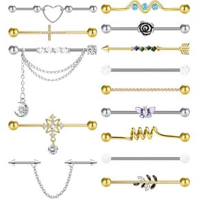 14Pcs 14G Industrial Piercing Jewelry Surgical Steel Industrial Barbell Earrings for Women Helix Cartilage Piercing Earrings with Chain Jewelry Set in Kuwait