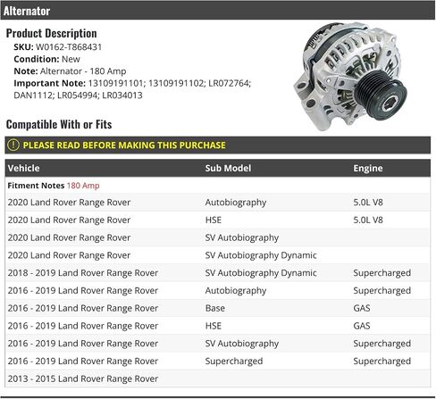 Alternator - 180 Amp - Compatible with 2013-2020 Land Rover Range Rover in Saudi Arabia