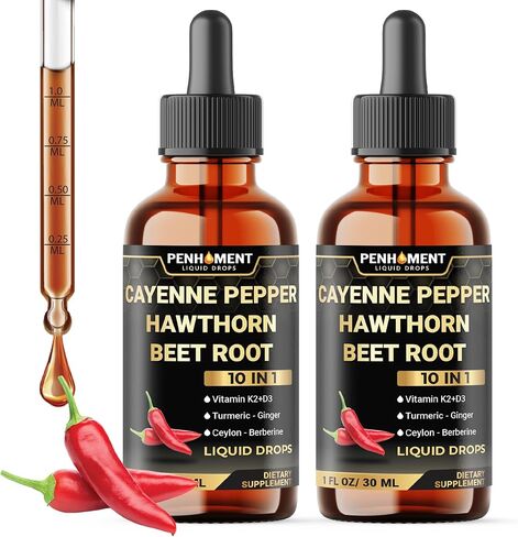 10in1 Cayenne Pepper Liquid قطرات مع التوت الزعرور ، فيتامين D3 ، فيتامين K2 ، جذر البنجر ، الكركم ، الزنجبيل والمزيد من الدعم - 1 Fl Oz - 2 أشهر العرض in Kuwait