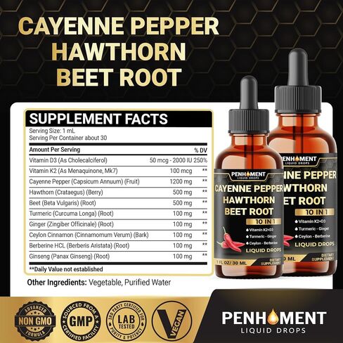 10in1 Cayenne Pepper Liquid قطرات مع التوت الزعرور ، فيتامين D3 ، فيتامين K2 ، جذر البنجر ، الكركم ، الزنجبيل والمزيد من الدعم - 1 Fl Oz - 2 أشهر العرض in Kuwait