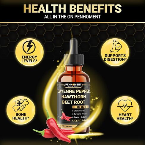 10in1 Cayenne Pepper Liquid قطرات مع التوت الزعرور ، فيتامين D3 ، فيتامين K2 ، جذر البنجر ، الكركم ، الزنجبيل والمزيد من الدعم - 1 Fl Oz - 2 أشهر العرض in Kuwait