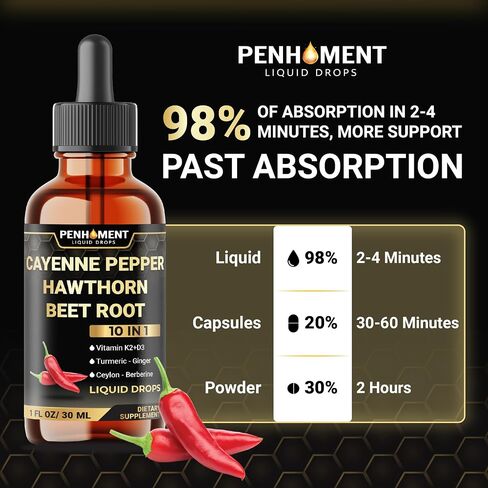 10in1 Cayenne Pepper Liquid قطرات مع التوت الزعرور ، فيتامين D3 ، فيتامين K2 ، جذر البنجر ، الكركم ، الزنجبيل والمزيد من الدعم - 1 Fl Oz - 2 أشهر العرض in Kuwait