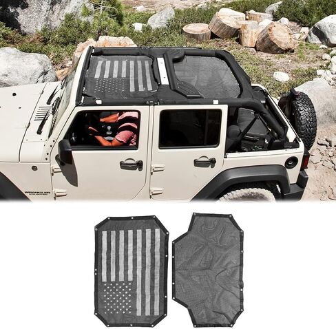 Hoolcar Front & Rear Sun Shade Mesh for Jeep Wrangler JK Unlimited (2007-2017) 4 Doors - American Flag Sunshade Screen JKU Top Cover UV Blocker, US Flag in Saudi Arabia