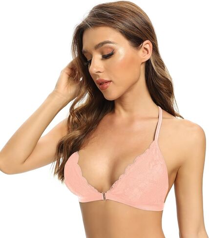 SHEKINI Lace Bralettes for Women Front Clasp Closure Bra Padded Triangle Wireless Halter Bra for Women in Kuwait