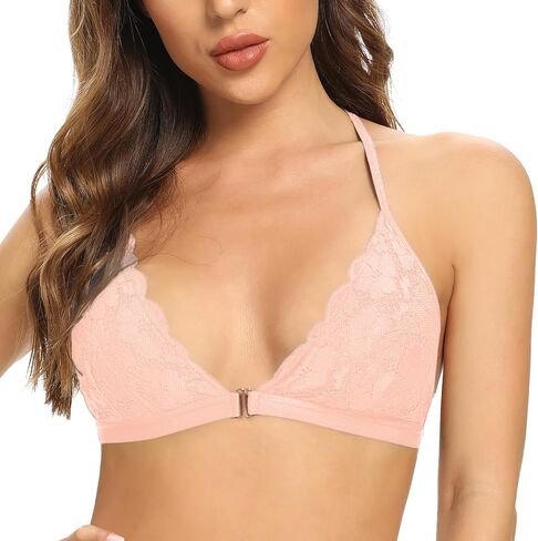 SHEKINI Lace Bralettes for Women Front Clasp Closure Bra Padded Triangle Wireless Halter Bra for Women in Kuwait
