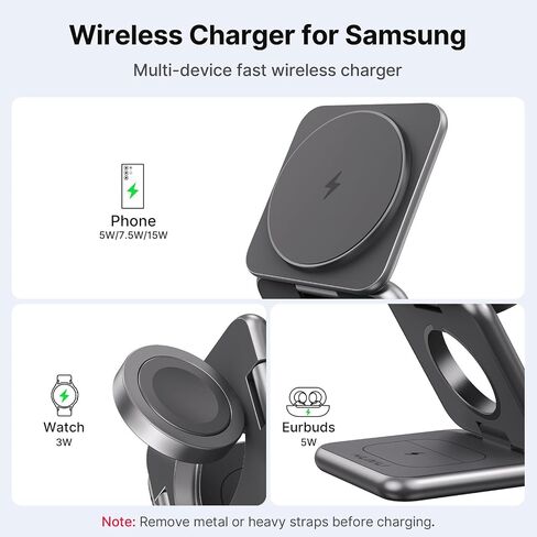 الشاحن اللاسلكي لسامسونج ، سبيكة الزنك قابلة للطي 3 في 1 محطة شحن لاسلكية لـ Samsung Galaxy S25 Ultra S24 S23 S22 Note Z Flip/Buds ، شاحن سريع لـ Galaxy Watch Ultra 7 6 5 4 in Saudi Arabia