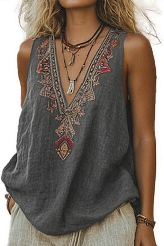 Chvity Mexican Embroidered Tops for Women Summer Floral Sleeveless Boho Tops Casual V Neck Peasant Blouse Loose Tank Tops in Saudi Arabia