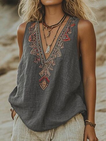 Chvity Mexican Embroidered Tops for Women Summer Floral Sleeveless Boho Tops Casual V Neck Peasant Blouse Loose Tank Tops in Saudi Arabia