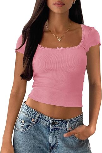 Yousify Womens Shorts Sleeve Crop Tops Summer Y2K Lace Square Neck Slim Fitted Basic Ribbed Tee Blouse Shirts in Saudi Arabia