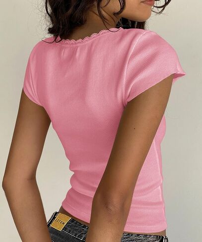 Yousify Womens Shorts Sleeve Crop Tops Summer Y2K Lace Square Neck Slim Fitted Basic Ribbed Tee Blouse Shirts in Saudi Arabia