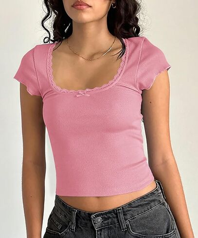 Yousify Womens Shorts Sleeve Crop Tops Summer Y2K Lace Square Neck Slim Fitted Basic Ribbed Tee Blouse Shirts in Saudi Arabia