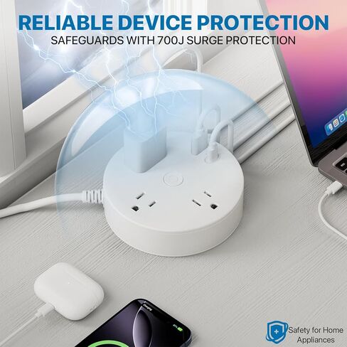 Flat Plug Surge Protector Power Strip with 5FT Extension Cord, 4 Outlets 4 USB Ports (2 USB C), Perfect for Home Office, Gaming Room, and Dorm Room Essentials, Wall Mountable, ETL Listed, White in Saudi Arabia