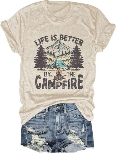 Camping Shirt Women Life is Better by The Campfire T-Shirt Funny Camper Camp Lover Casual Graphic Tee Top Crewneck in Saudi Arabia