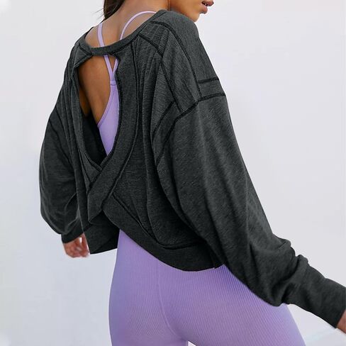 Open Back Workout Tops for Women Long Sleeve Athletic Shirts Y2k Backless Yoga Running Tshirt Slouchy Crop Gym Tees in Saudi Arabia