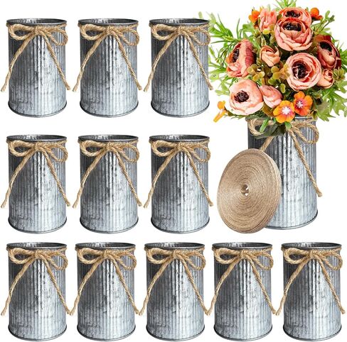 12 Pcs 4.3x2.9 Inch Galvanized Flower Vase Metal Vases Home Decor, Silver Rustic Farmhouse Wedding Decor Centerpiece Tin Vase Flower Bucket with Twine Bow for Artificial Flowers (Silver vase) in Kuwait
