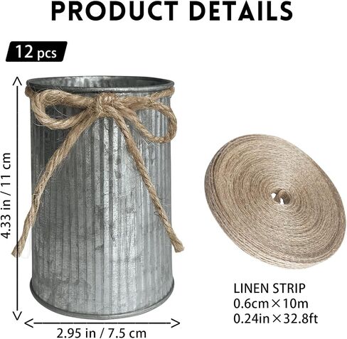12 Pcs 4.3x2.9 Inch Galvanized Flower Vase Metal Vases Home Decor, Silver Rustic Farmhouse Wedding Decor Centerpiece Tin Vase Flower Bucket with Twine Bow for Artificial Flowers (Silver vase) in Kuwait