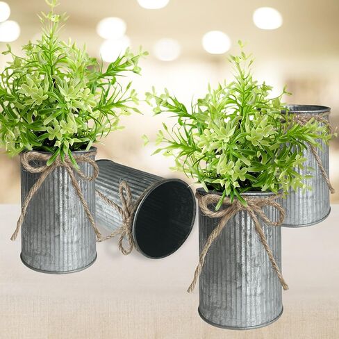 12 Pcs 4.3x2.9 Inch Galvanized Flower Vase Metal Vases Home Decor, Silver Rustic Farmhouse Wedding Decor Centerpiece Tin Vase Flower Bucket with Twine Bow for Artificial Flowers (Silver vase) in Kuwait