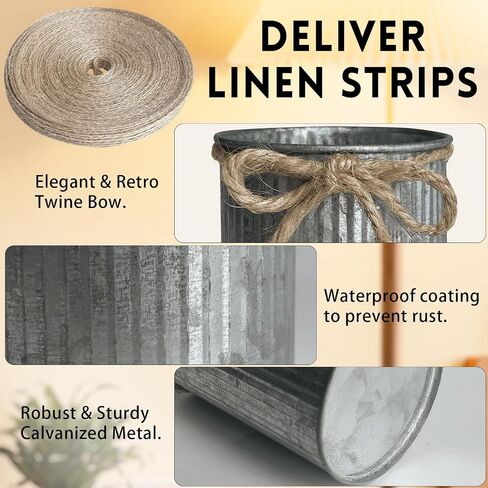 12 Pcs 4.3x2.9 Inch Galvanized Flower Vase Metal Vases Home Decor, Silver Rustic Farmhouse Wedding Decor Centerpiece Tin Vase Flower Bucket with Twine Bow for Artificial Flowers (Silver vase) in Kuwait