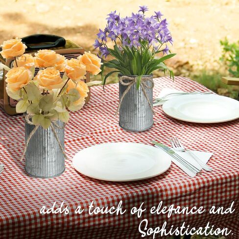 12 Pcs 4.3x2.9 Inch Galvanized Flower Vase Metal Vases Home Decor, Silver Rustic Farmhouse Wedding Decor Centerpiece Tin Vase Flower Bucket with Twine Bow for Artificial Flowers (Silver vase) in Kuwait