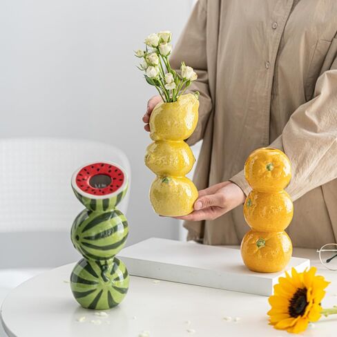 Modern Mediterranean Style Decorative 3D Lemon Shape Yellow Ceramic Flower Vase Table Centerpieces for Home Kitchen Decor and Housewarming Gift in Saudi Arabia
