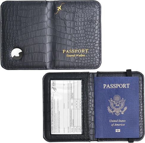 Passport Holder with Airtag Slot, Airtag Passport Wallet for Men Women, Slim Leather Passport Holder Case Family for Travel Anti-Lost(1-Lichee Black) in Saudi Arabia