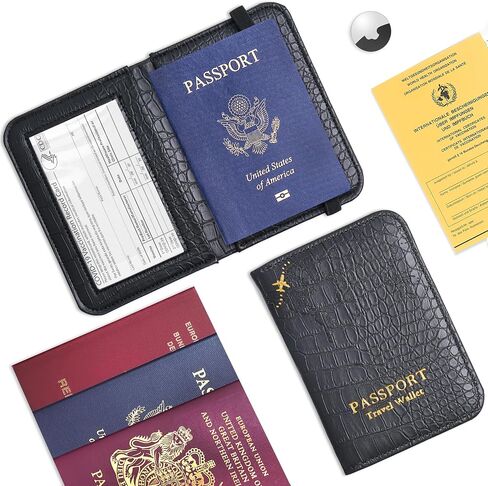 Passport Holder with Airtag Slot, Airtag Passport Wallet for Men Women, Slim Leather Passport Holder Case Family for Travel Anti-Lost(1-Lichee Black) in Saudi Arabia