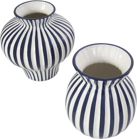 Deco 79 Ceramic Decorative Vase Striped Rounded Centerpiece Vases with Varying Shapes, Set of 2 Flower Vases for Home Decoration 8", 8" H, Blue in Saudi Arabia