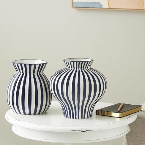 Deco 79 Ceramic Decorative Vase Striped Rounded Centerpiece Vases with Varying Shapes, Set of 2 Flower Vases for Home Decoration 8", 8" H, Blue in Saudi Arabia