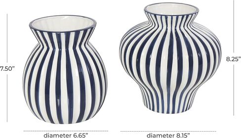 Deco 79 Ceramic Decorative Vase Striped Rounded Centerpiece Vases with Varying Shapes, Set of 2 Flower Vases for Home Decoration 8", 8" H, Blue in Saudi Arabia