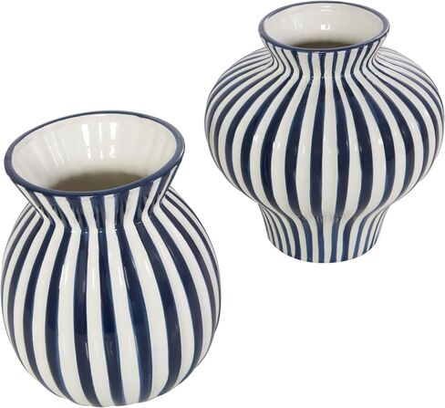 Deco 79 Ceramic Decorative Vase Striped Rounded Centerpiece Vases with Varying Shapes, Set of 2 Flower Vases for Home Decoration 8", 8" H, Blue in Saudi Arabia